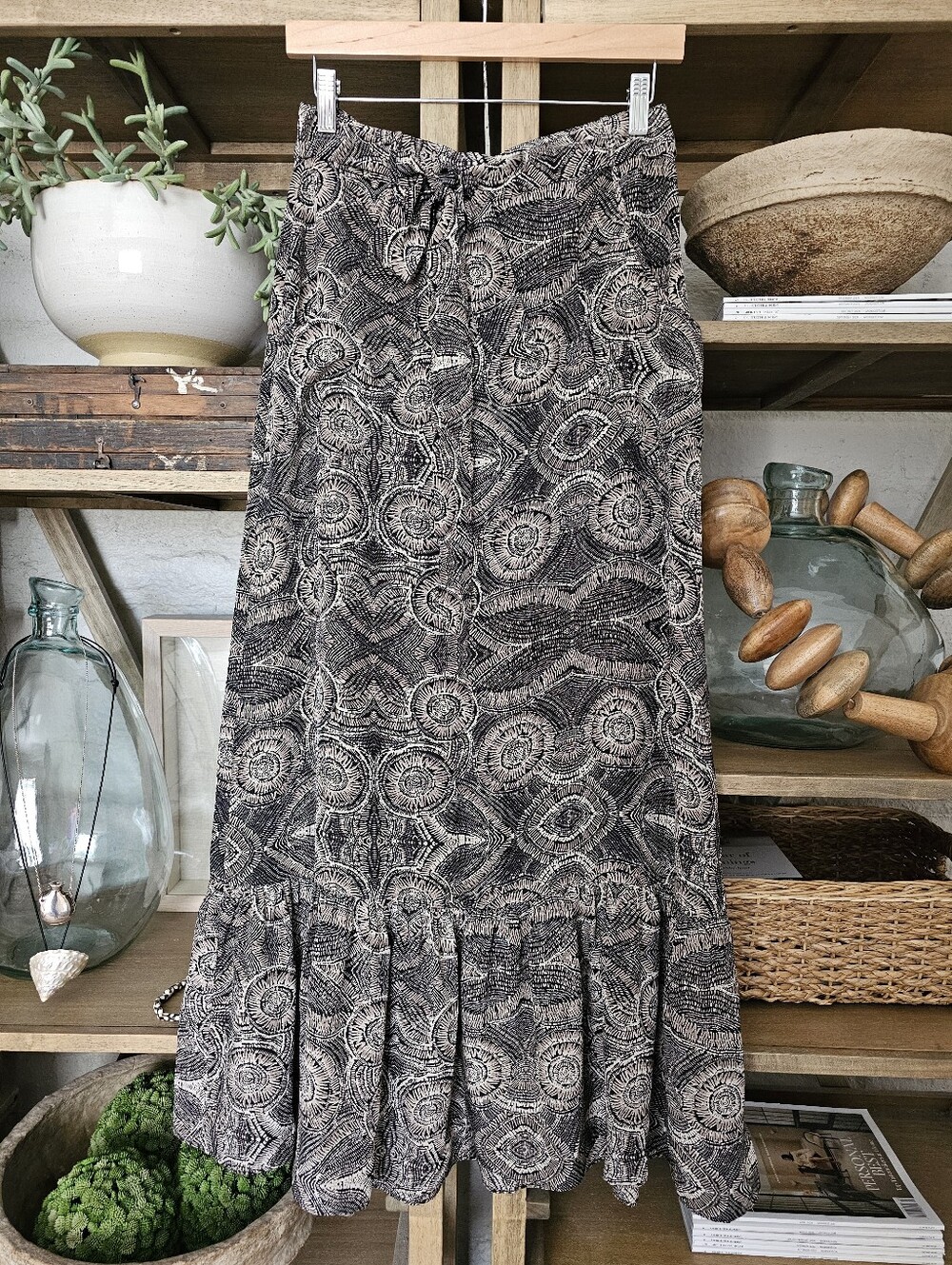 Anthropologie LIL Silk Shell Print Black Tan Ruffle Maxi Skirt 4